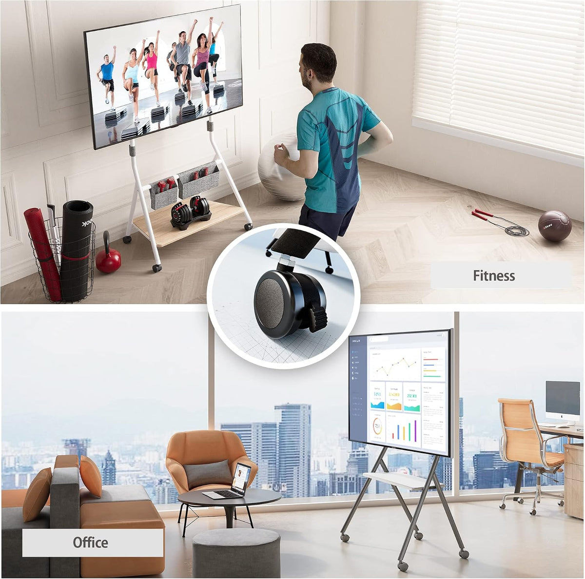 FITUEYES Mobile TV Stand for 55-78 Inch TV with Wooden Storage Shelf, White - Image 3