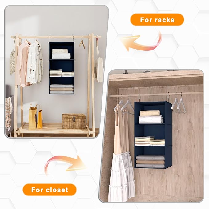 Hanging Closet Organizer 3-Shelf, Oxford Fabric Wardrobe Storage, Navy Blue | Easy-mount foldable design holds clothes, handbags, shoes & accessories; washable Oxford fabric, sturdy and space-saving. - Image 6