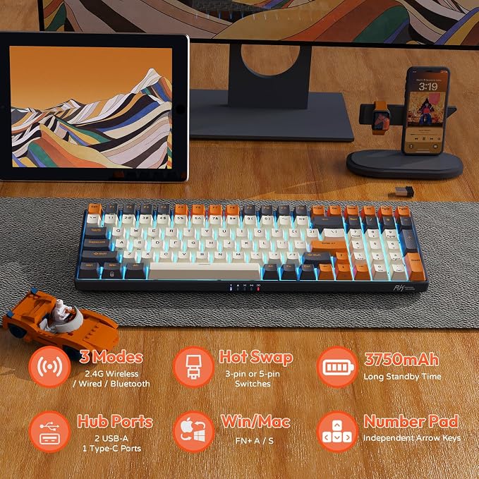 RK ROYAL KLUDGE RK100 Wireless Mechanical Keyboard RGB Backlit Bluetooth5.1/2.4G/Wired 96% Full Size 100-Key Hot Swappable Gaming Keyboard Blue Switch Carbon | 96% Full Size Keyboard with Number Pad, 2.4Ghz/BT/Wired, Hot Swappable PCB, 3750mAh battery,... - Image 5