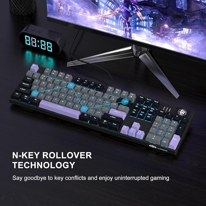 MageGee MK-Storm Mechanical Gaming Keyboard, 104 Keys Wired Light Up Keyboard with Linear Red Switch, Ice Blue Backlit, Double-Shot Keycaps, N-Key Rollover for Laptop, Desktop, PC (Twilight Purple) - Image 5
