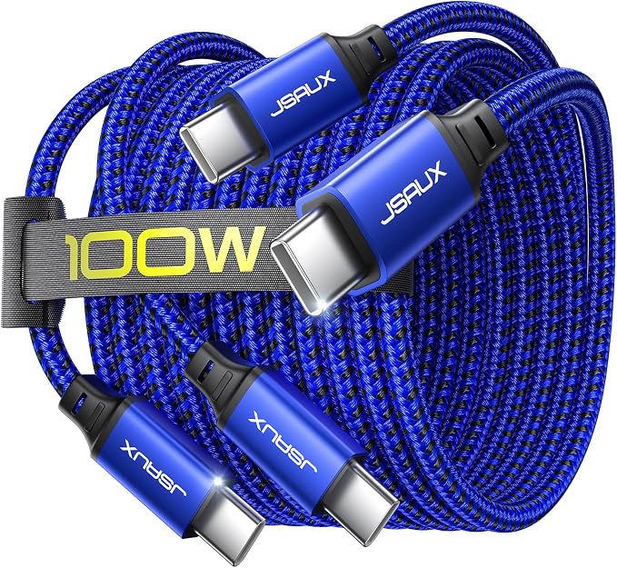 JSAUX 100W USB C to USB C Cable [2-Pack 3.3FT], PD Fast Charging, Blue | 100 Watt Fast Charger, Braided Type-C Cords for iPhone Air/17e/17/16/15 Series, Galaxy S/Note Series, MacBook and iPad by JSAUX