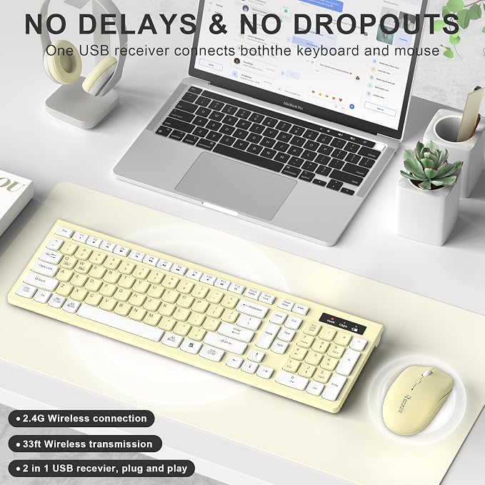 Wireless Keyboard and Mouse Combo Silent for Office and Home(Canary Yellow) | 2.4G Full Size Silent Cordless Keyboard with Tilt Legs,3-Level DPI Quiet Mouse,for Windows/Mac OS/Desktop/Laptop/PC - Image 2
