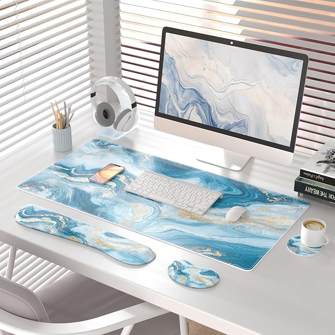 QIYI PU Leather Desk Mat Set, 4-in-1 Ergonomic Wrist Rest, Blue Fluid Art | Waterproof Large Mouse Pad 31.5×15.7 + Keyboard Wrist Rest + Mouse Wrist Support+Coaster, Non-Slip Office Gaming Accessories - Image 2