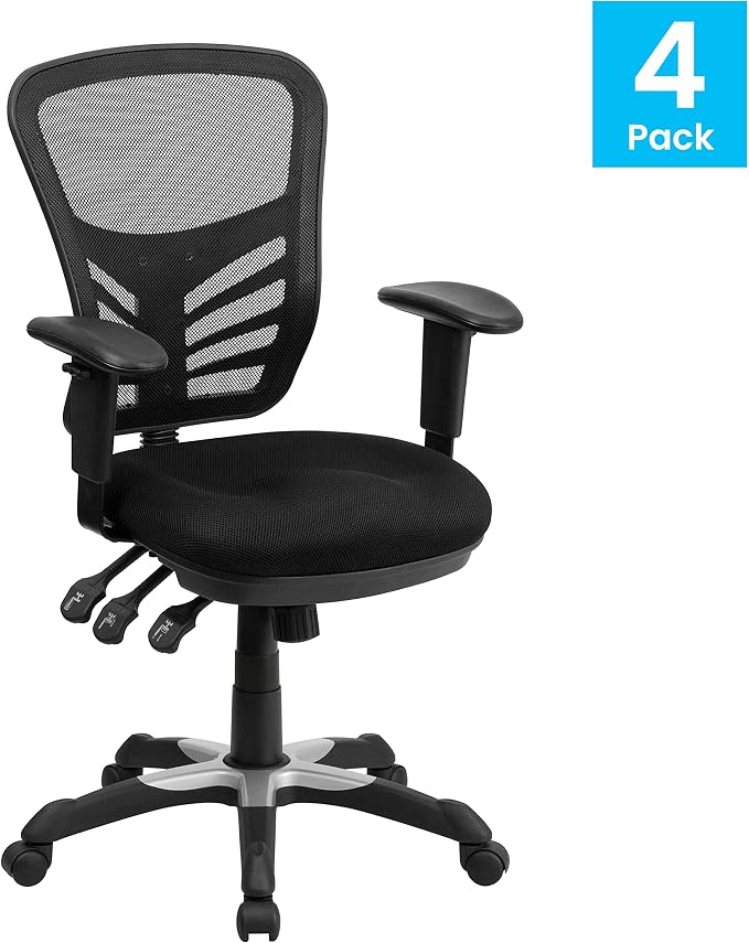 Flash Furniture Nicholas Mid-Back Black Mesh Multifunction Executive Swivel Ergonomic Office Chair with Adjustable Arms, Set of 4 - Image 4