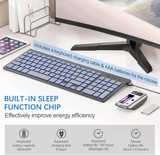 Wireless Backlit Keyboard and Mouse Ultra Slim Combo, TopMate - Gray Silver | 2.4G Silent Compact 2400DPI Mouse and Scissor Switch Keyboard Set, Batteries Included, for PC/Laptop/Windows/Mac/Gaming - Image 5