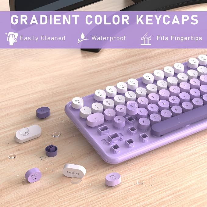 Links9+ Colorful Wireless Keyboard and Mouse Combo (Purple Gradient) | Full-Size Retro Typewriter Style Keyboard with Vintage Round Keycaps, 2.4G Wireless Set for Windows, Mac, Laptop, PC, Desktop - Image 2