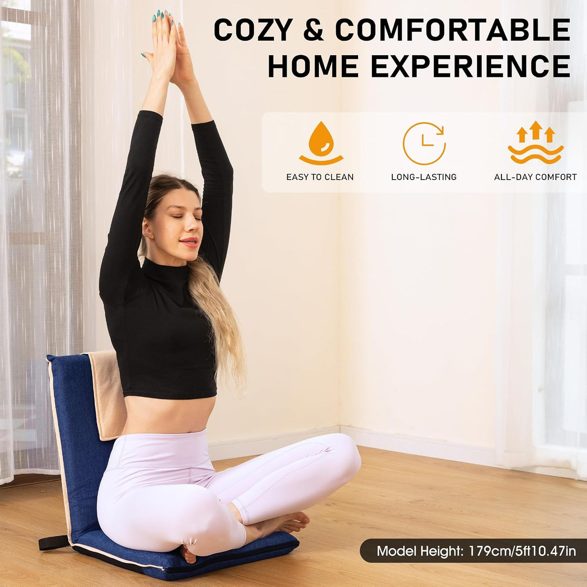 Floor Chair with Back Support Foldable Meditation Seat, Blue - Image 7