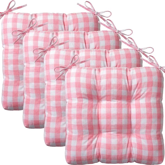 Geetery 4 Pack Chair Cushions, 16" x 15",Pink and White,Plaid by Geetery