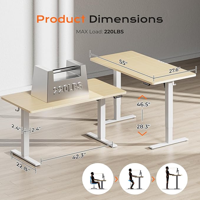 Huuger 55 x 28 Large Electric Standing Desk, Height Adjustable Desk, 27.6" Deep Desktop, Stand up Gaming Computer Office Desk with 2 Hooks, 3 Preset Heights, for Home Office, Maple, ACD134Q - Image 2