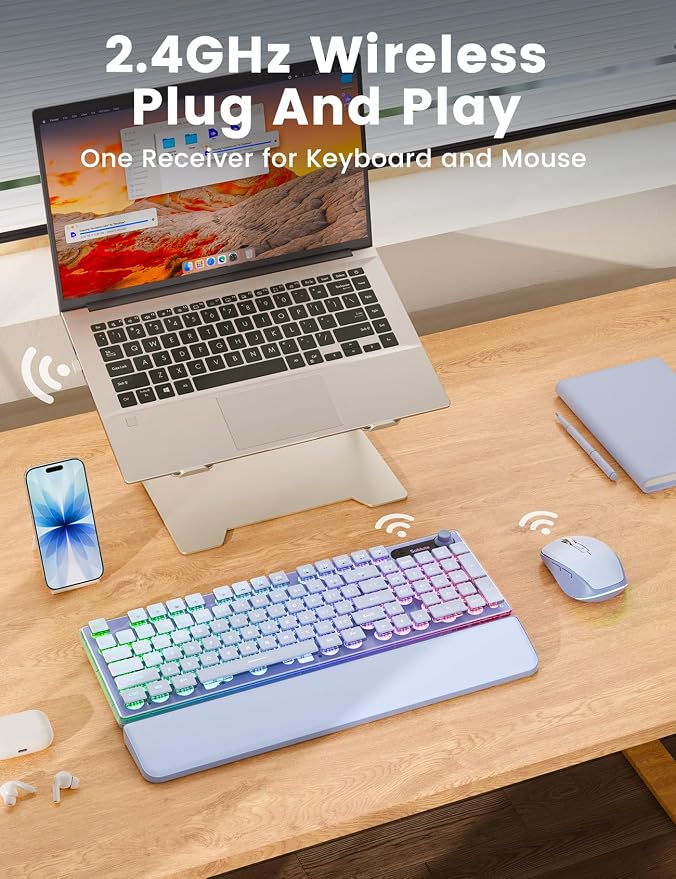 Wireless Keyboard and Mouse Combo - 9 Backlit Effects, Wrist Rest, Double-Shot Keycaps, Metal Panel, Long-Lasting Rechargeable, 2.4G Keyboard Mouse Set for Windows Mac PC Laptop – Sablute (Purple) - Image 8