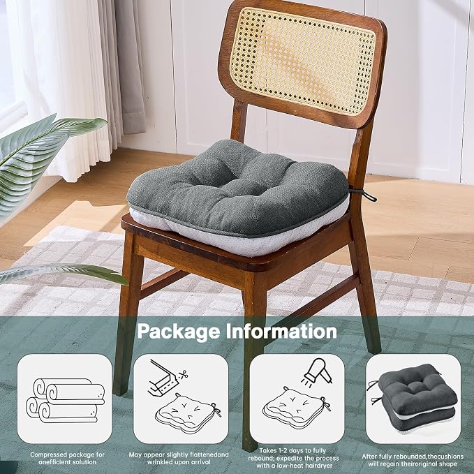 BETU Chair Cushions for Dining Chairs Set of 4,3.5" Thick Kitchen Table Chair Pads with Ties,Non Slip Backing and Covers, Seat Cushion for Dining Room,Bar,Patio Chairs,15.5"X15.5"X3.5",Dark Grey - Image 7