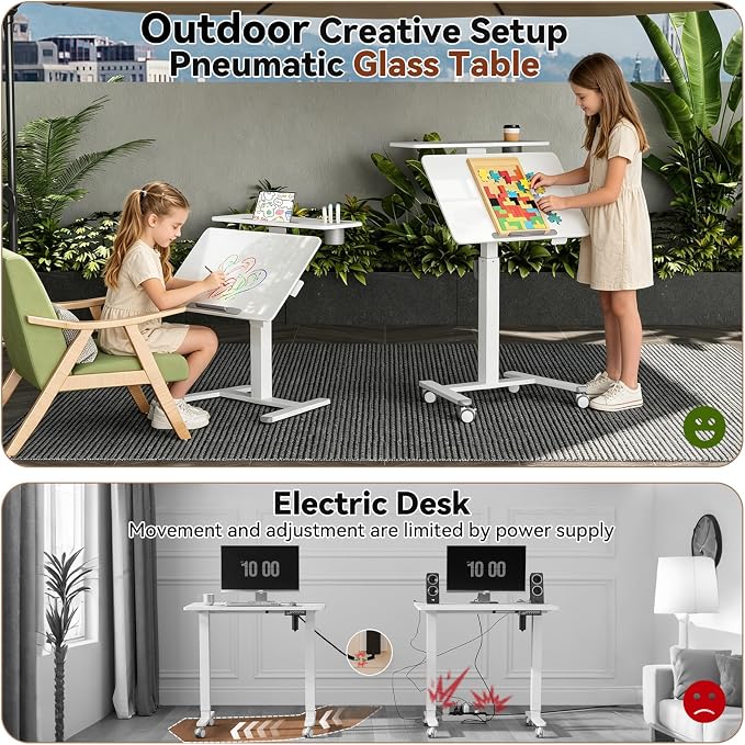 28" Glass Standing Desk, Tiltable Top with 2-Tier Shelves, White | Pneumatic Rolling Desk, Adjustable Height Mobile Computer Workstation, Portable Studio Drafting Table & Laptop Cart on Wheels - Image 6