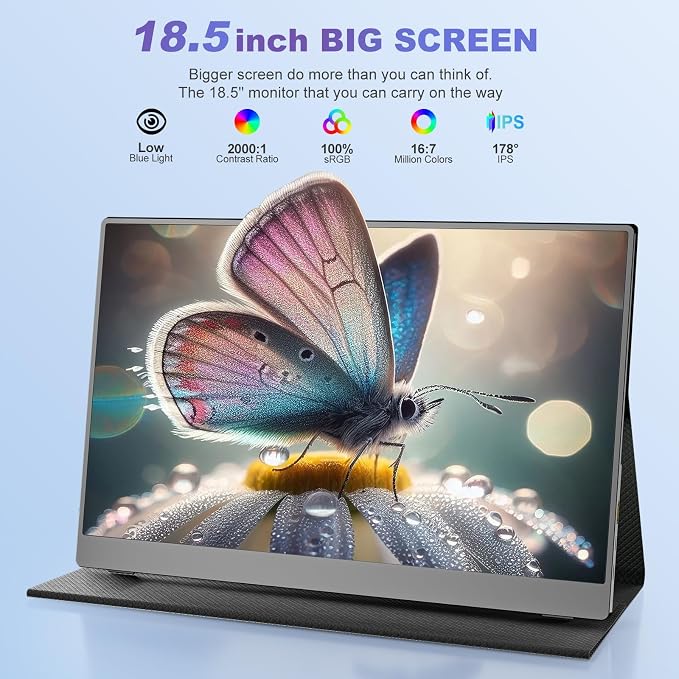 18.5 Inch Portable Monitor for Laptop, FHD USB-C HDMI 1080P 100% sRGB | Travel Monitors for Laptop, Portable Computer IPS Display w/VESA, External Monitor Portable Screen w/Smart Cover & Speakers - Image 2
