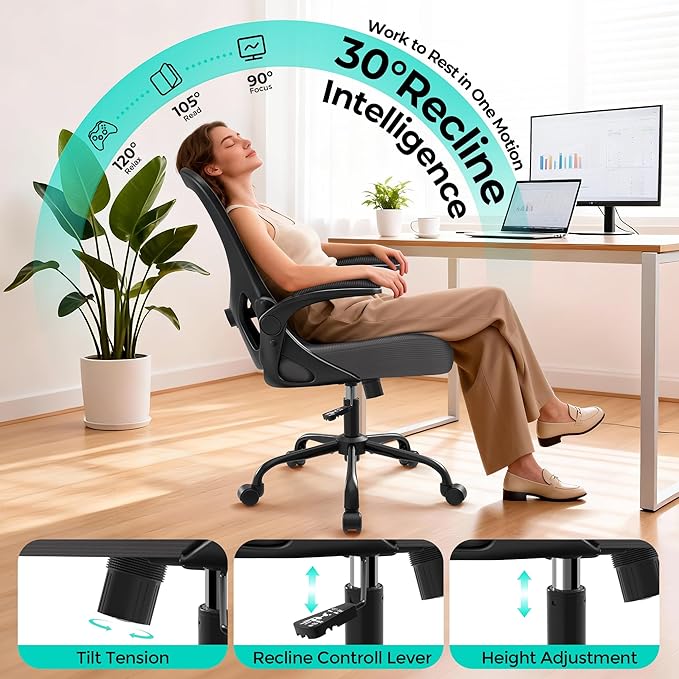 Office Chair - Ergonomic Breathable Mesh Desk Chair with Adjustable Lumbar Support and Flip-up Armrests - Executive High Back Rolling Swivel Comfortable Computer Gaming Chair for Home Office - Image 4