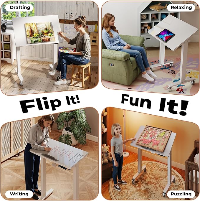 32" Glass Standing Desk,90°Tilt Whiteboard Electric Drafting Table | White Foldable One-piece Electric Height Adjustable Drawing Table with 4 Lockable Wheels, Small Portable Rising Workstation - Image 7