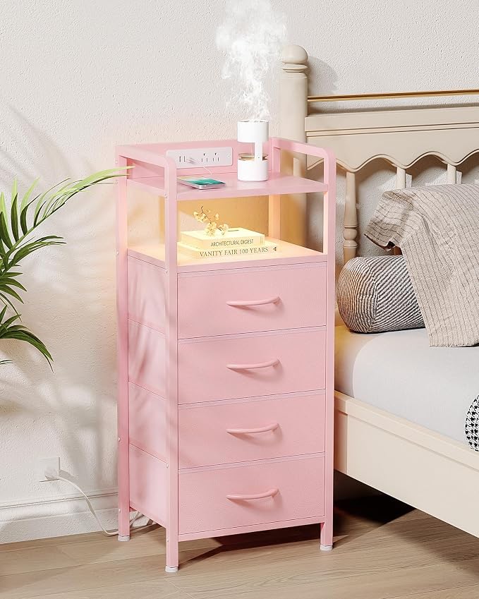 Lazzanto Nightstand with Rear Charging Station, LED Light, 4 Drawers, Pink | Industrial Nightstand, 2 USB-A Ports & AC Outlets, Raised Back Guard, Fabric Storage Drawers, Bedside Table for Bedroom, Dorm - Image 2