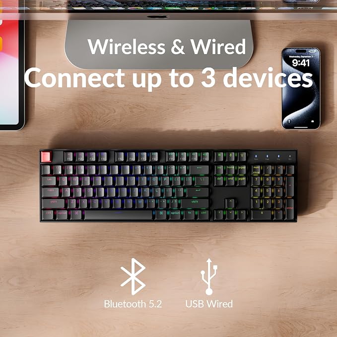 Keychron K10 Full-Size Layout QMK Wireless Mechanical Keyboard, Bluetooth/Wired Hot-Swappable Gaming Keyboard with Keychron Super Brown Switch, RGB Backlight, PBT Keycaps for Mac/Windows-Version 2 - Image 4