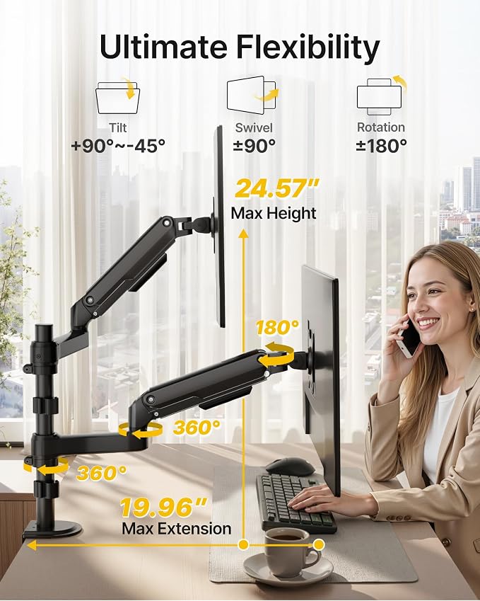 monTEK Vertical Stacked Dual Monitor Stand, 17–32", Full Motion Desk Mount | Vertical Stacked Dual Monitor Stand, Max Height 24.59", Full Motion Swivel/Rotation For 17–32" Monitor, Up To 19.8 Lbs Each - Image 3