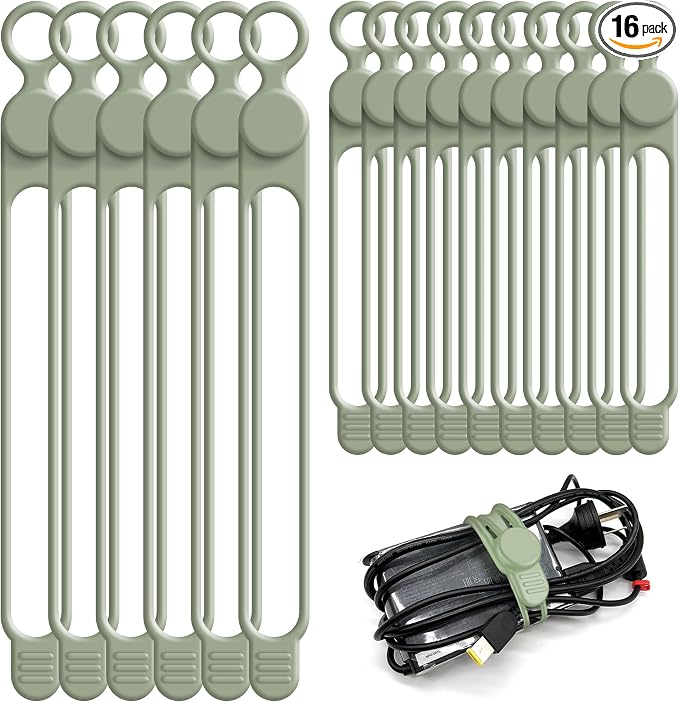 Silicone Cable Ties, Cord Organizer Cable Management,2Sizes-Green | Reusable Cord Ties for Electronics, Office Desk Accessories, Home Travel Essentials, Easy to Use, 4.2 Inch & 7.1 Inch-16Pcs by ELECTRONICSORGANIZATION