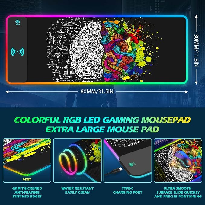 ToLuLu RGB Gaming Wireless Charging Mouse Pad, 7.5/10/15W 10 Light Modes LED Mouse Pad Computer Keyboard Mat Mousepad, 800x300x4MM Extended Large Desk Mat for Gaming, MacBook, Laptop, PC, Human Brain - Image 5