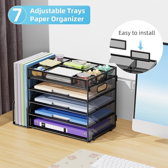 Marbrasse 5-Tier Desk Organizer with File Holder,Paper Letter Tray, Black | Desktop File Organizer with Adjustable Compartments,Mesh Desk Organizers and Accessories for Office Supplies - Image 4