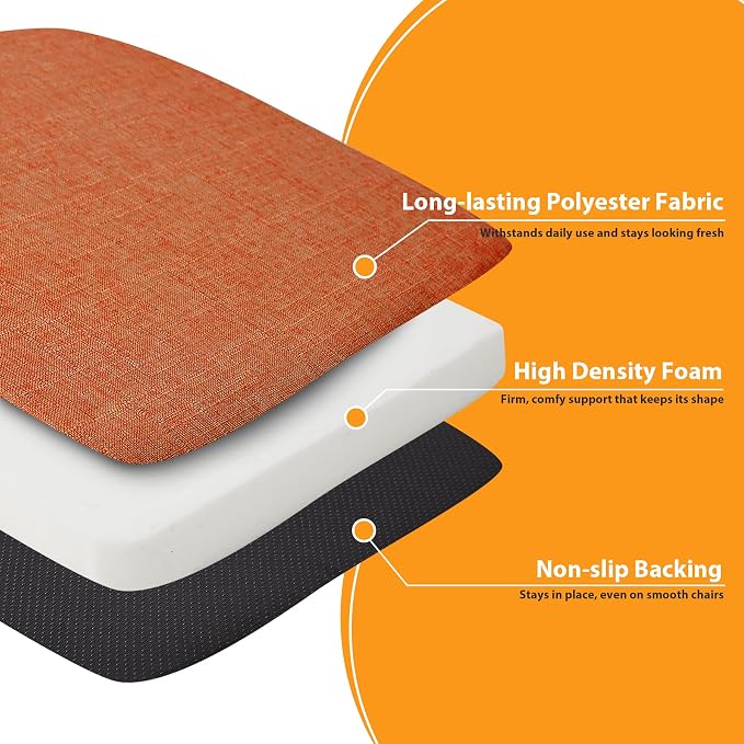Ruqmuis Chair Cushions for Dining Chairs, 2" Thick Seat Cushions for Kitchen Chairs, D-Shaped Chair Pads with Washable Cover, Ties and Non Slip Backing, 17'' x 16'', Set of 6, Orange - Image 4