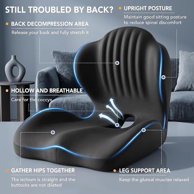 Ergonomic Seat Cushion with Lumbar Support (Black) | Office Chair Seat Cushion, Memory Foam Orthopedic Cushion with Tailbone Hollow, Sciatica & Back Pain Relief for Long Sitting - Image 6