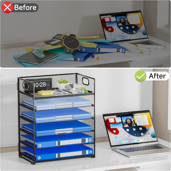 6-Tier Paper Organizer for Desk with Handle | Heavy Duty Metal File Organizer, Stackable Desktop Organizer for Office Supplies, Documents and Stationery Storage - Image 6