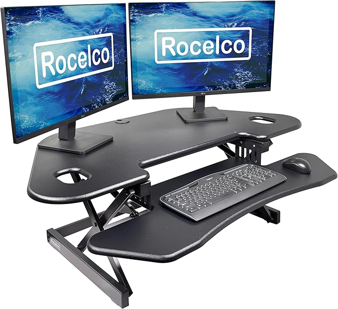 Rocelco 46" Height Adjustable Corner Standing Desk Converter - Quick Sit Stand Up Dual Monitor Riser - Gas Spring Assist Tabletop Computer Workstation - Large Keyboard Tray - Black (R CADRB-46) by Rocelco