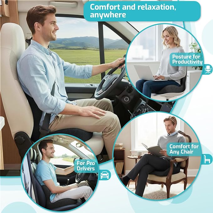 Trucker Seat Cushion, Thick Car Seat Cushions with Lumbar Support Pillow, Ergonomic L-Shaped Orthopedic Memory Foam for Long Driving Lower Back Pain Sciatica Relief Gift for Drivers (Black+Mesh cloth) - Image 7