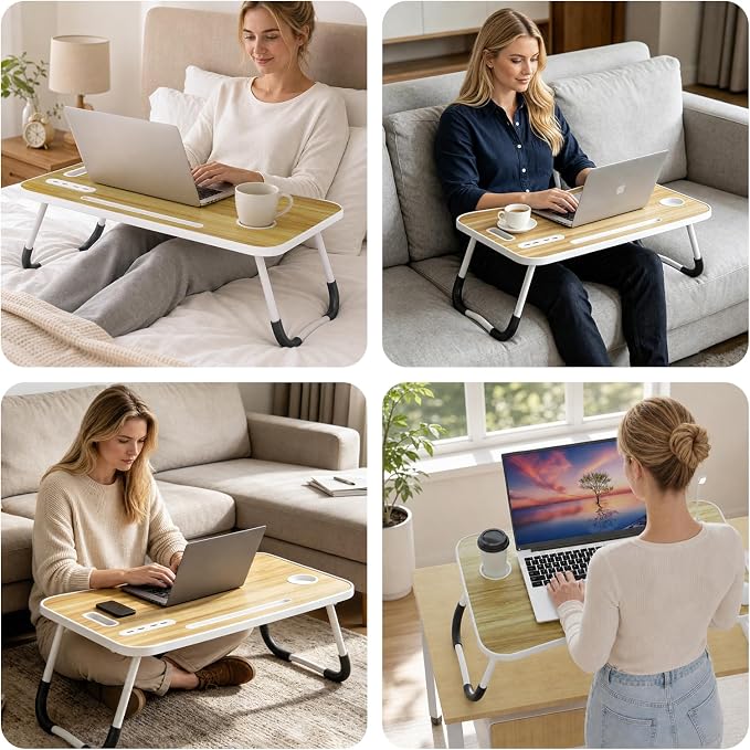 Lap Desk for Laptop Tray, Foldable Laptop Bed Desk with Storage Drawer | Bed Laptop Table for Adults with Light & Cup Holder & USB Ports, Laptop Stand for Couch Writing Reading Eating, Walnut - Image 9