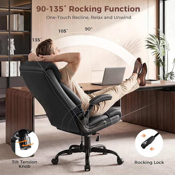Ergonomic Office Chair with Lumbar Support, Executive Leather Computer Desk Chair with Flip Up Arms & Rocking Function, High Back Big and Tall Comfortable Gaming Chair for Home Office - Image 7