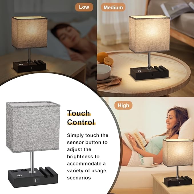 Touch Bedside Table Lamp for Bedroom, 3-Way Dimmable, USB C+A, 2 AC Outlets | Base Touch Button Only, USB C+A Ports, 2 Phone Stands, LED Bulbs Included, Rectangle Grey Lampshade, for Living Room, Desk - Image 3