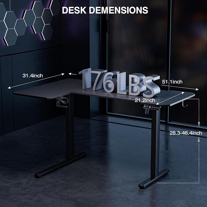 L Shaped Electric Standing Desk - 51x31.5 Inch Reversible Corner Sit Stand Desk with Hook&Cup Holder,Electric Height Adjustable Table,for Small Home Office&Bedroom Computer Desk, Black Carbon - Image 3