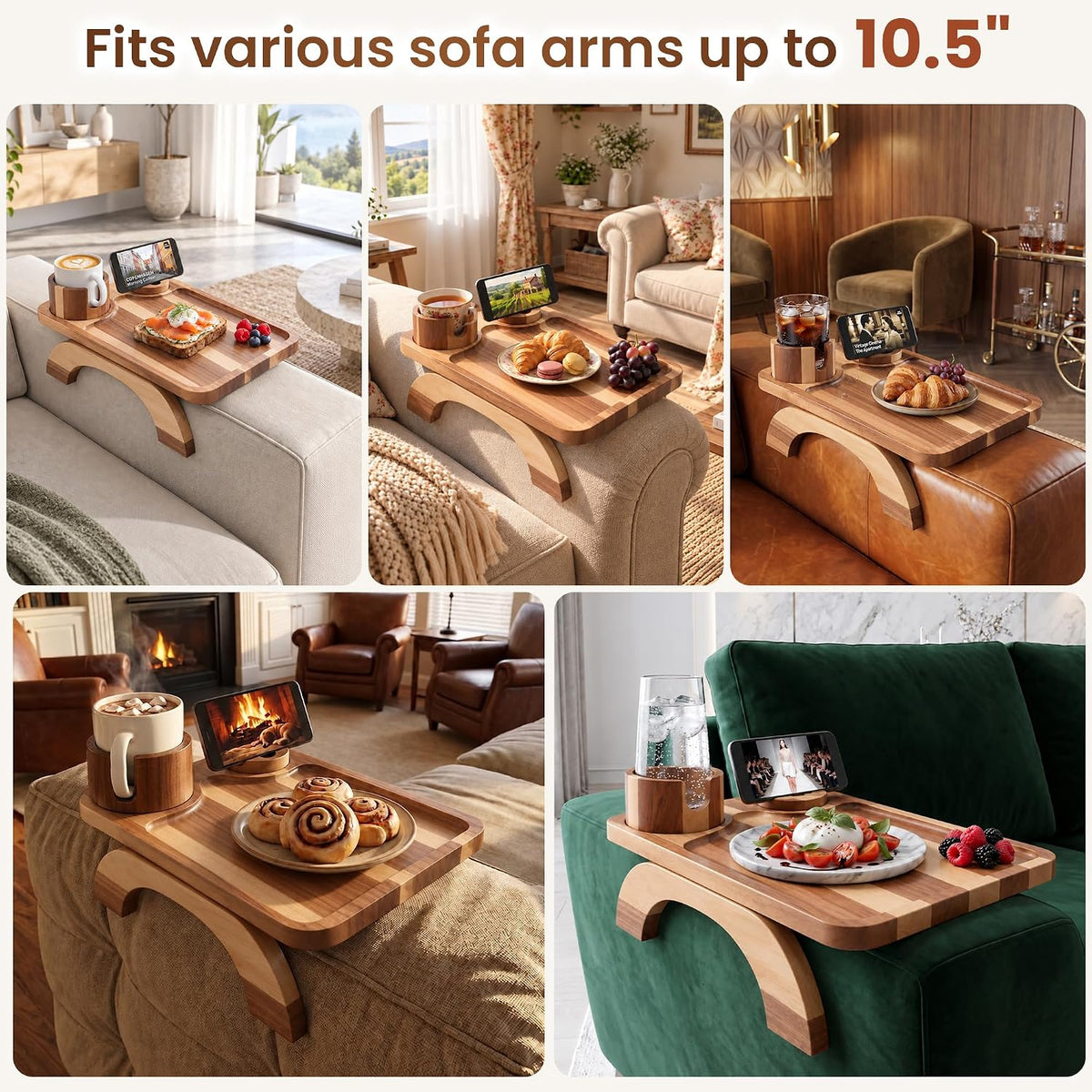Couch Armrest Table, Acacia Sofa Arm Tray, 15.35"x9.84", Natural - Image 6