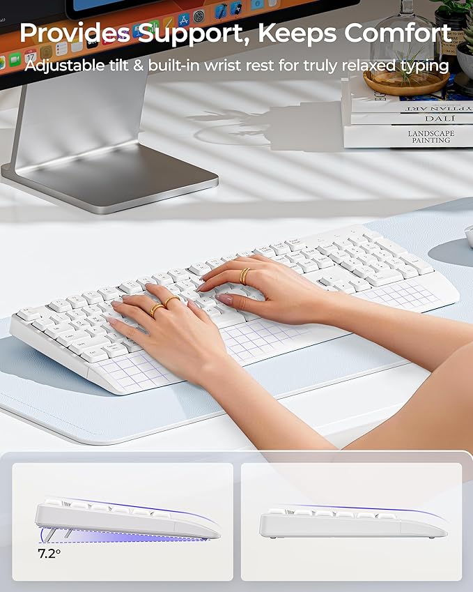 seenda COE200 Wireless Bluetooth Keyboard and Mouse Combo with Wrist Rest | USB/Bluetooth multi-device switching, quiet clicks, full-size ergonomic set for PC, laptop, Mac, and MacBook, White - Image 4