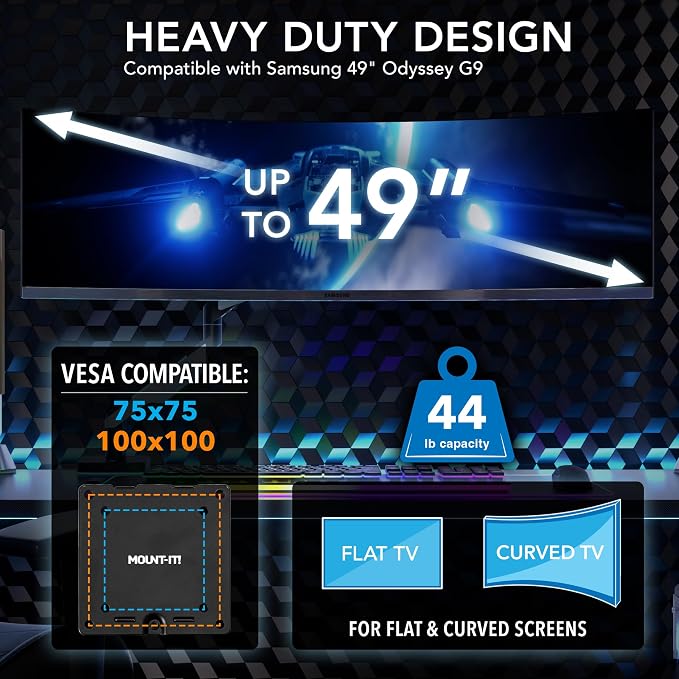 Mount-It! Heavy-Duty Ultrawide Monitor Arm up to 49”, 44 lb Capacity, Desk Mount for Curved & Widescreen Monitors, Compatible with Samsung Odyssey G9, Gas Spring, RGB Lighting, VESA 75x75 & 100x100 - Image 2