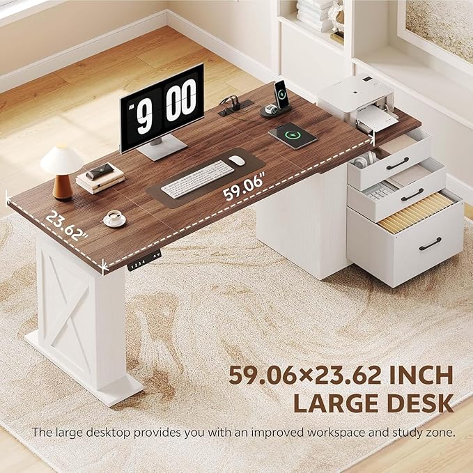 75.5'' Electric Standing Desk with Drawers Corner Desk White | Farmhouse Adjustable Sit Stand Office Desk with 4 AC Outlets & Type C Port, Executive Computer Desk - Image 3