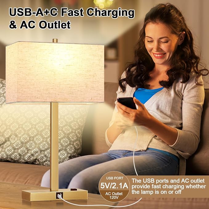 Lynnoland 21" Set of 2 Table lamp with USB A+C & AC Outlets, Touch Control 3-Way Dimmable Nightstand Lamps for Living Room Bedroom Office Reading, Linen Shade Touch Lamps, 3000K LED Bulbs Included - Image 7