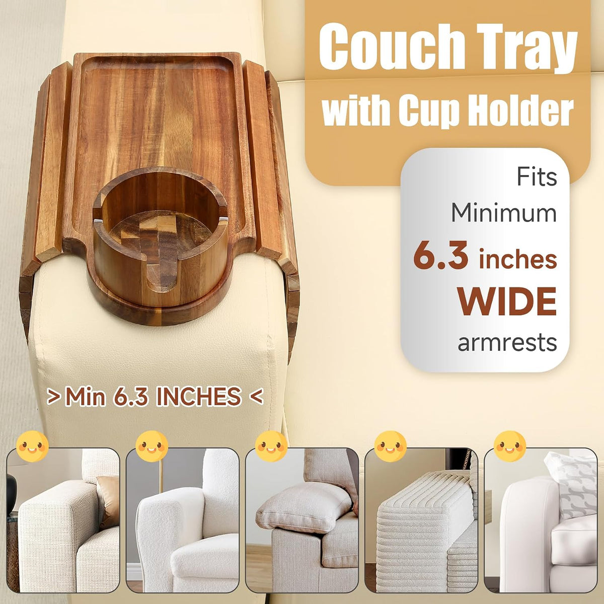 Couch Cup Holder Tray,Fit Sofa Armrests 6.3" and Wider,Acacia - Image 4
