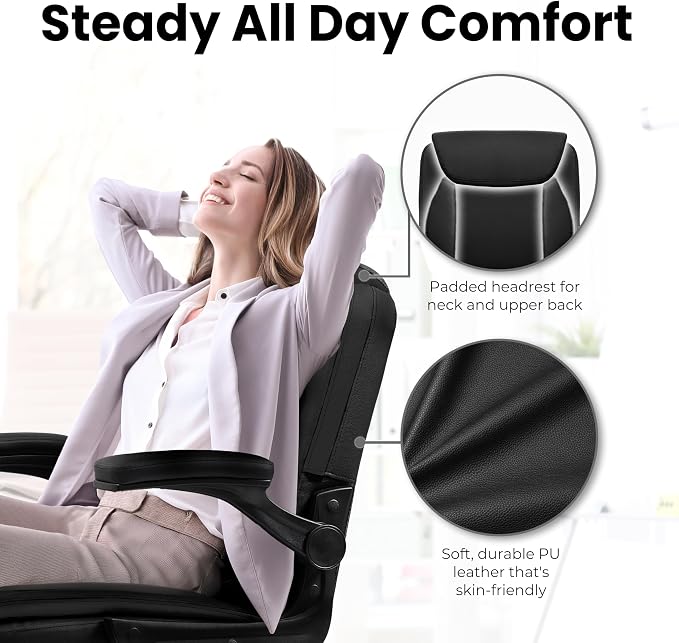NEO CHAIR PU Leather Office Desk Chair with Adjustable Arms, All Black | Ergonomic Mid Back Computer Desk Chair Comfy with Wheels Swivel Rolling for Home Office Gaming Study - Image 4