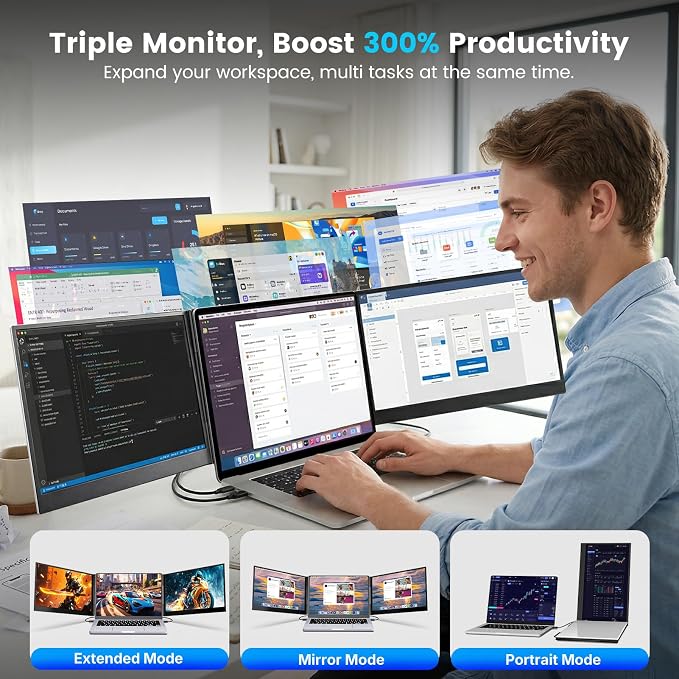 Laptop Screen Extender, 15.6” Ultra-Slim Triple Portable Monitor for Laptop, Two Cable USB-C/HDMI Plug-Play, Travel Dual Monitor for 13–17.3" Laptops, MacOS/Windows/Android - Image 5