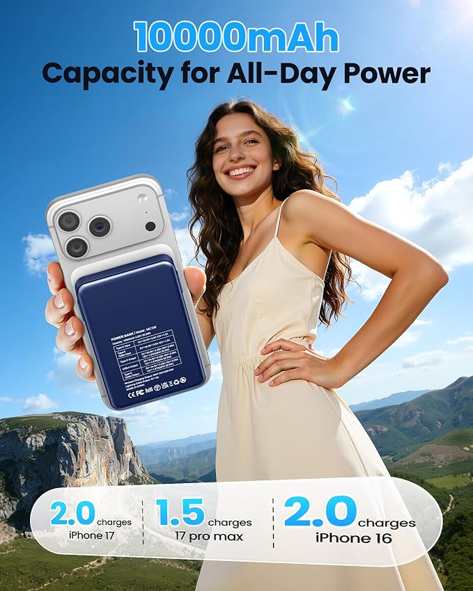 Magnetic Portable Charger 10000mAh Built in Cable for Magsafe Power Bank | Fast Charging 22.5W ExternalBattery Pack Compatible with iPhone 17/16/15/14/13/12 Pro/Pro Max, Samsung Blue - Image 2