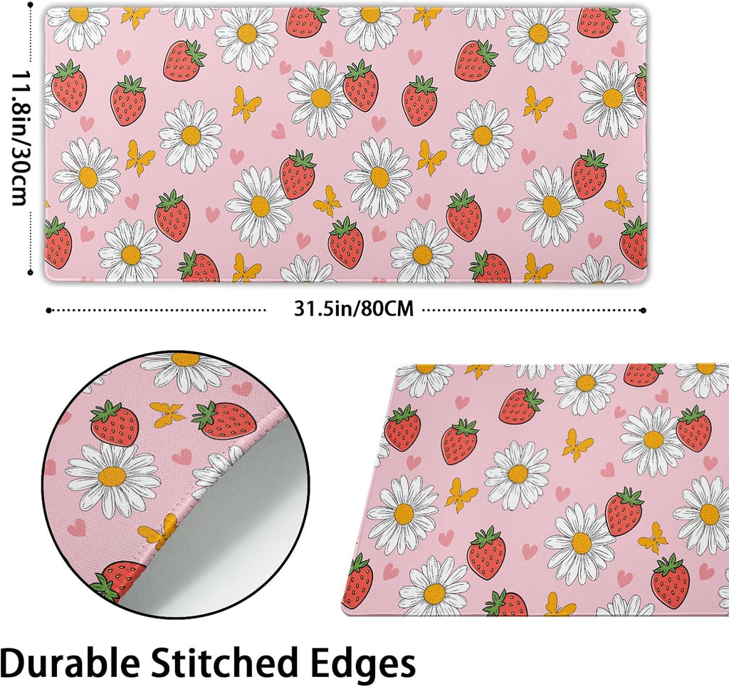 Strawberry Mouse Pad Pink Cute Desk Mat Large Gaming Mousepad Pink Keyboard Pad 31.5x11.8in Non-Slip Rubber Base Pastel Kawaii Mousepad Laptop for Office Gaming Computer Home Accessories Supplies - Image 3