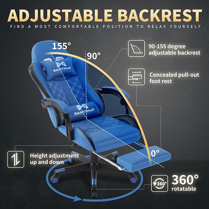 Gamtimer Gaming Chair, 400 LB Weight Capacity,with Pocket Spring Cushion | Ergonomic Backrest Office Chair,Leather, with Headrest and Lumbar Support, Footrest, Suitable for Adults(Blue) - Image 6
