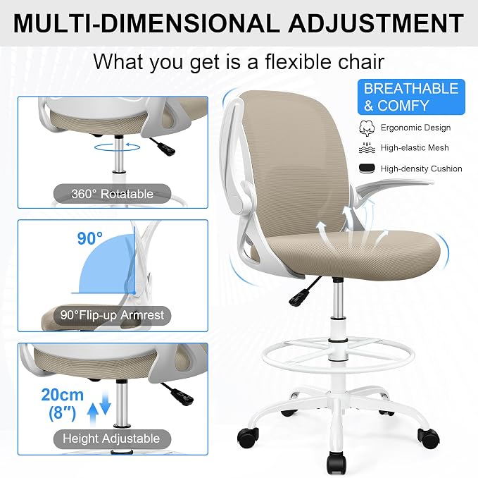 Drafting Chair Tall Office Chair with Flip-up Armrests, Adjustable Height, and Enhanced Lumbar Support - Ergonomic Rolling Stool, Back Support, and Adjustable Foot Rest Ring for Standing Desk Khaki - Image 5
