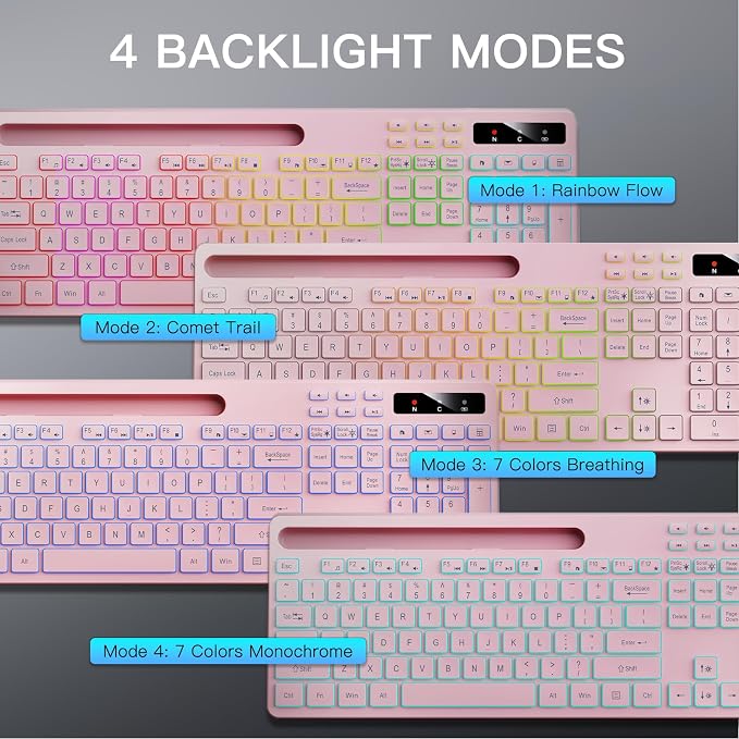 Soueto Wireless Keyboard with 7-Color RGB Backlit, Full-Size Computer Keyboard with Phone Tablet Holder, 2.4G Rechargeable Gaming Keyboard with Light Up Keys, Compatible with Mac, Windows (Pink) - Image 3