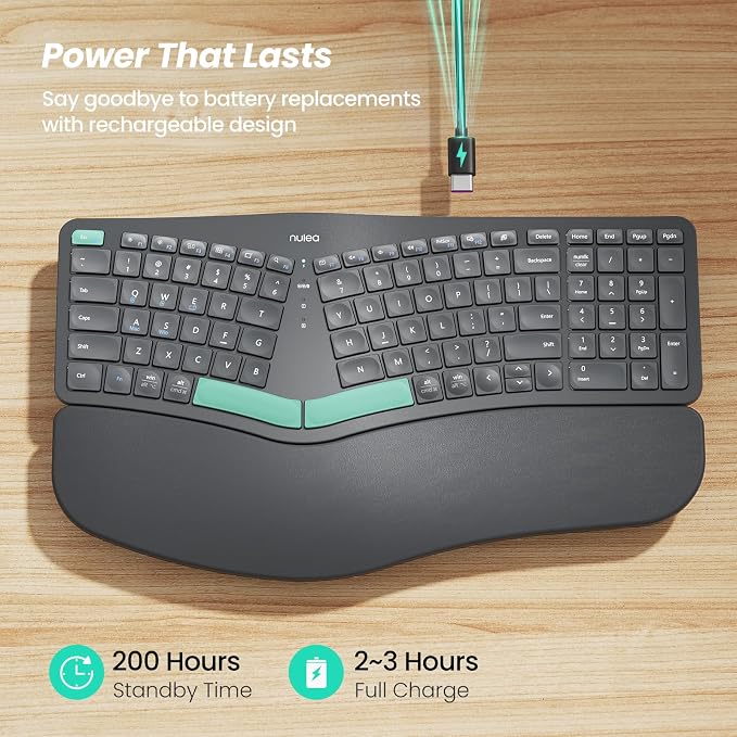 Nulea Ergonomic Split Keyboard Wireless Cushioned Wrist Rest Rechargeable | Bluetooth 2.4G Keyboard With 3 Device Switching, Adjustable Tilt Legs, Comfortable Design for Windows and Mac - Image 3