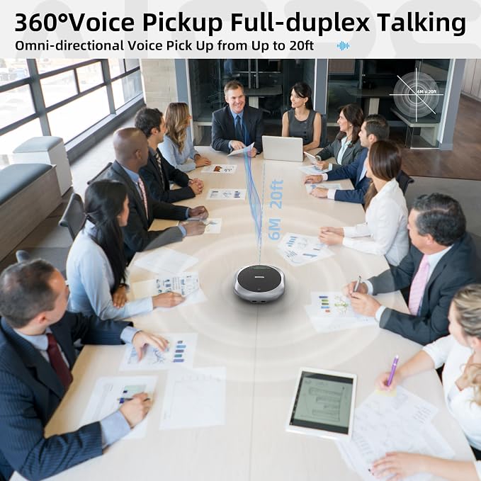 6-Mic Conference Speakerphone for Hybrid Meetings, Up to 25 Hours, Black | AI noise reduction, 90° focused pickup, 360° voice pickup, 20 ft range, voice/music modes, Bluetooth, NFC, USB, room coverage - Image 5