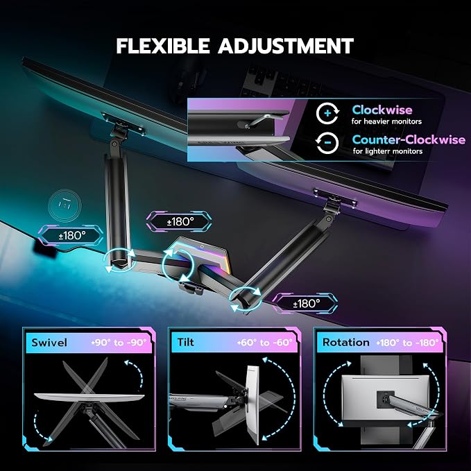 ARES WING RGB Dual Monitor Arm Desk Mount for 17-38 inch Monitors, Grey | Heavy Duty Dual Monitor Stand Holds 35.2 lbs, Adjustable Ultrawide Monitor Arm with Clamp & Grommet Base, 75/100 VESA - Image 4